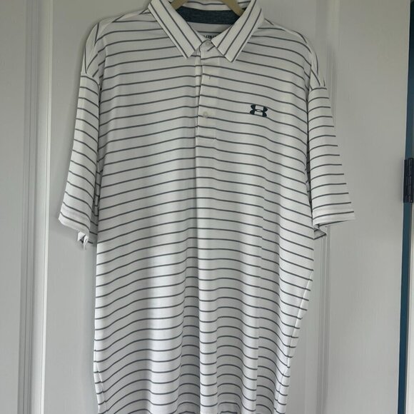 2 Men's Under Armour Polo Size XL EUC Blue and White n& Gray Stripes - Picture 2 of 6